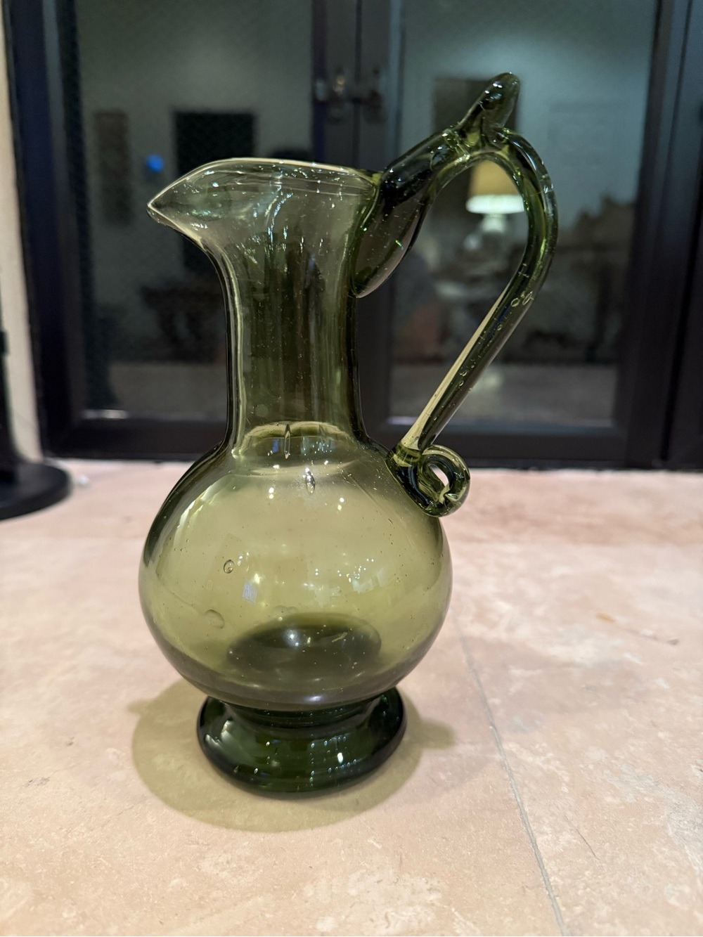 Vintage Mid-Century Modern Handblown Light Olive Green Art Glass Pitcher Vase